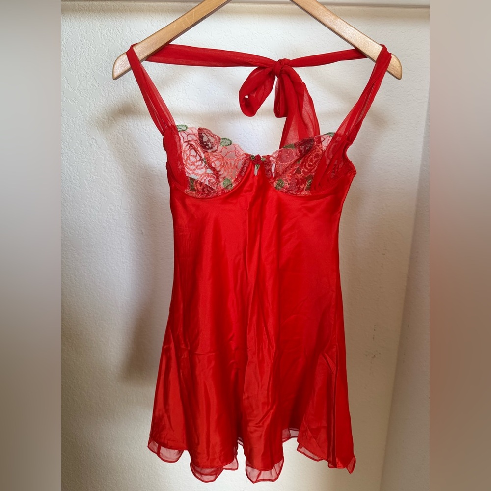 🌹For Love and Lemons Gene Slip Dress Red Floral Roses Tie Neck Holiday 2024 - XS - Picture 6 of 16